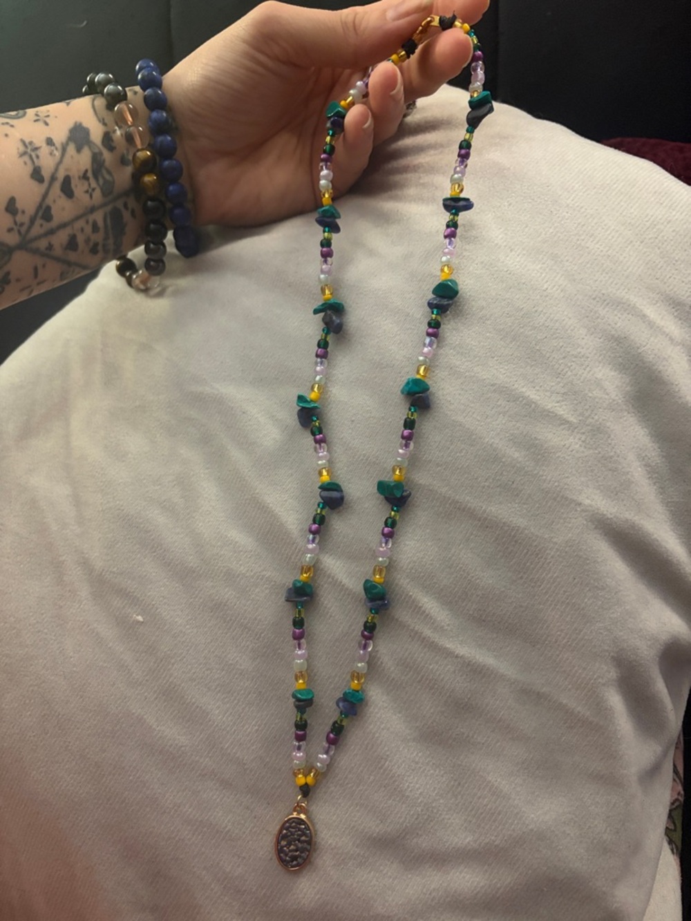 Handmade Multicolor Beaded Necklace with Gold Pendant